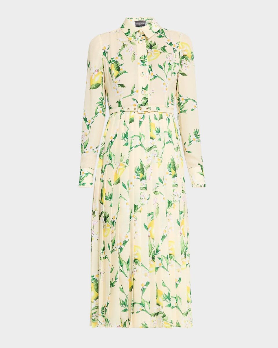 Lemon-Print Long-Sleeve Pleated Midi Shirtdress With Belt